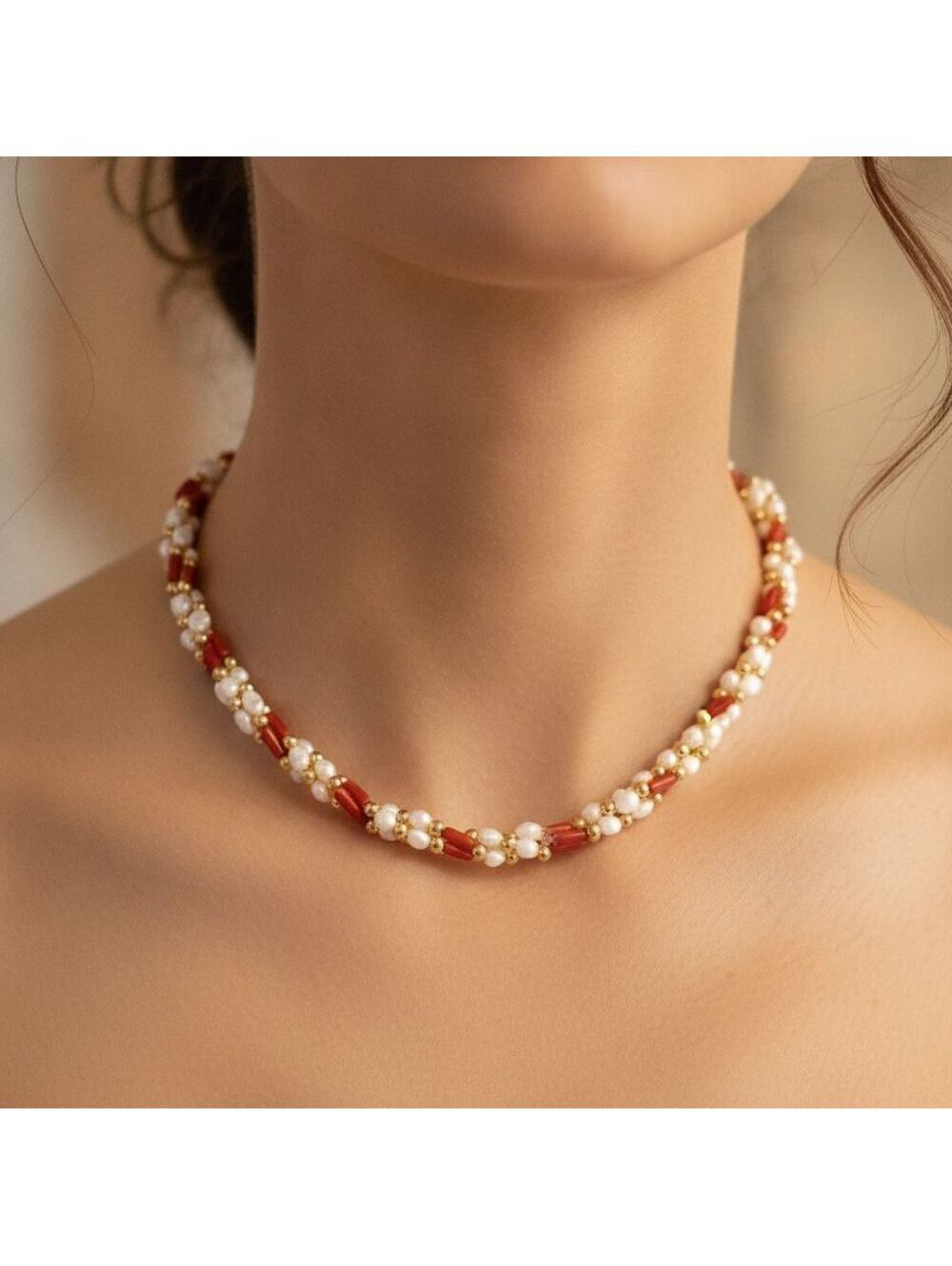 Vintage Delicate Necklace of Orange and White Seed Beads in a Floral Pattern